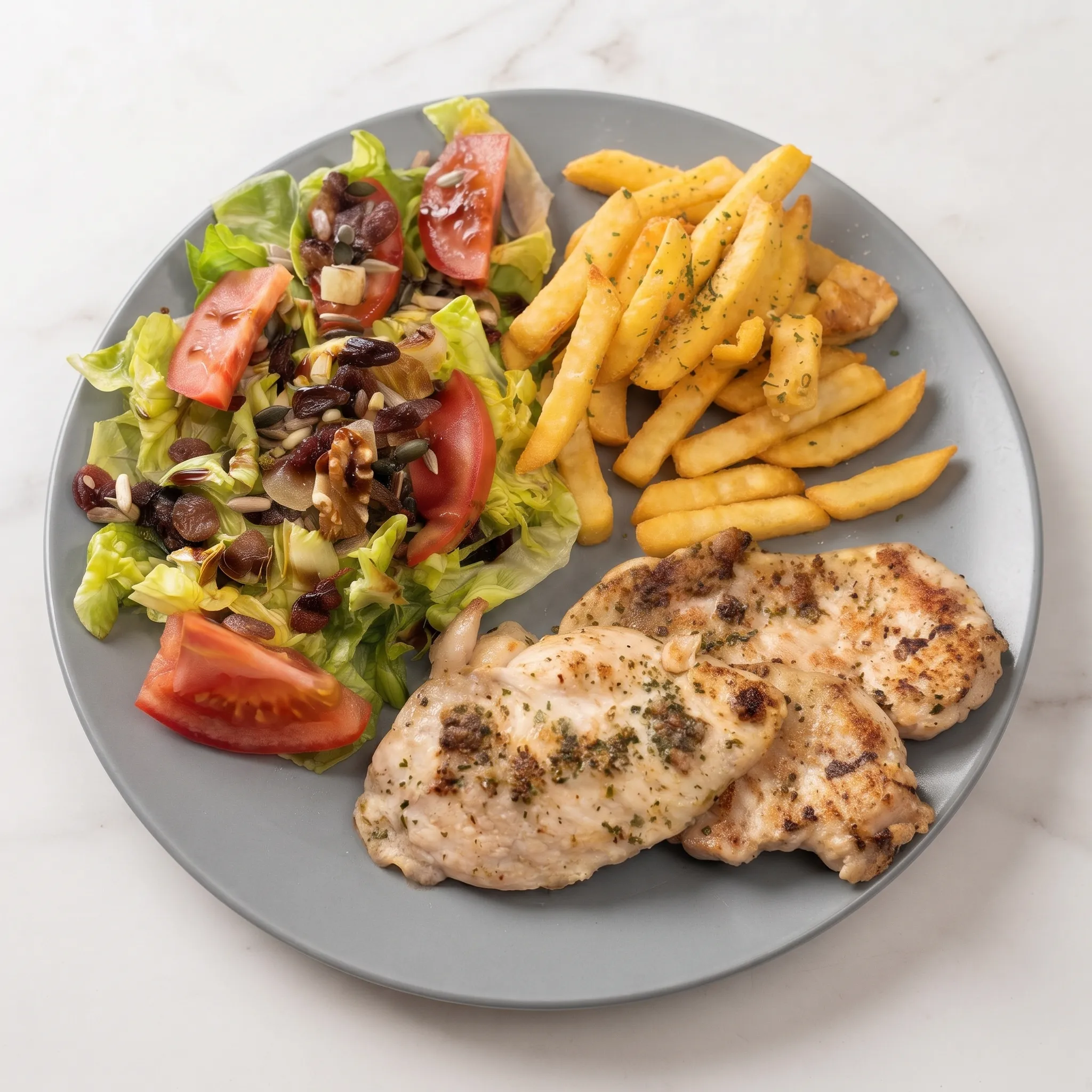 Pechuga plancha, patatas y ensalada